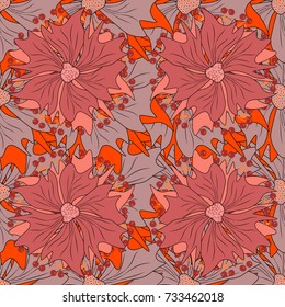 Vector floral seamless pattern. Background wallpaper illustration with black, pink and orange flowers and vintage paisley ornaments. Modern luxury texture for fabrics, textile.