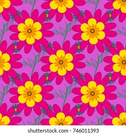 Vector floral seamless pattern. Background wallpaper illustration with magenta, violet and yellow flowers and vintage paisley ornaments. Modern luxury texture for fabrics, textile.
