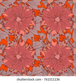 Vector floral seamless pattern. Background wallpaper illustration with black, pink and orange flowers and vintage paisley ornaments. Modern luxury texture for fabrics, textile.