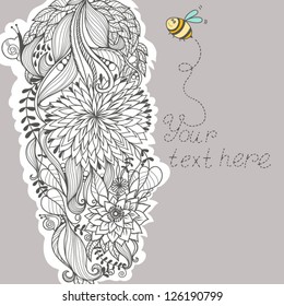 Vector floral seamless pattern with beautiful peonies, flowers, plants, snails and bee/gray.