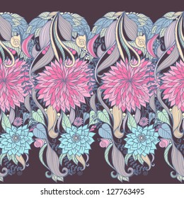 Vector floral seamless pattern with beautiful peonies, flowers, plants and snails/brown