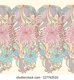 Vector floral seamless pattern with beautiful peonies, flowers, plants and snails/gentle pink