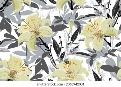 Vector floral seamless pattern. Beautiful lilies, quinoa and wormwood with gray leaves. Vector pale yellow flowers, leaves and buds isolated on a white background.