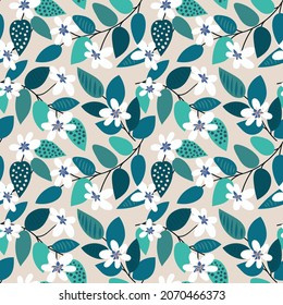 Vector floral seamless pattern. Beautiful white flowers and emerald green leaves on a light background. Flowering branches of apple, cherry, peach. Spring, summer botanical print, textiles, wallpaper