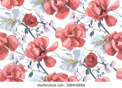 Vector floral seamless pattern. Beautiful gray-white and red flowers on a white background. Artistic floral designs for fabrics, cards, wraps, wallpaper and more.