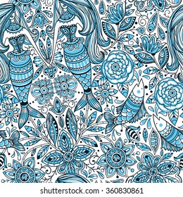 vector floral seamless pattern with beautiful mermaids, abstract fishes and flowers
