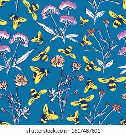 Vector floral seamless pattern with bees. Hand drawn illustration of spring meadow great for fabric and wallpaper.