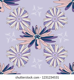 Vector floral seamless pattern. Beige, violet and gray background with flowers pattern.