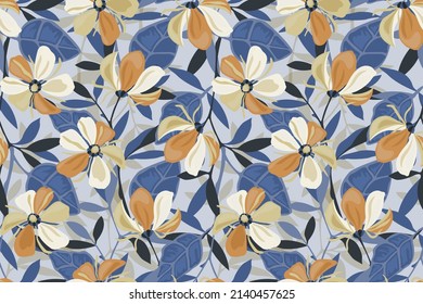 Vector floral seamless pattern. Beige and orange flowers, blue leaves on a light blue background. Flower illustration for surface decoration.