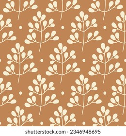 Vector floral seamless pattern with beige branches on a brown background. Botanical hand drawn print for fabric, home decor and wrapping paper.