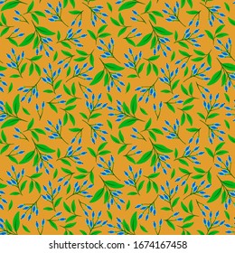 Vector floral seamless pattern with berries, leaves, branches, twigs on yellow background. Elegant botanical texture. Simple vegetal ornament. Repeat design for fabric, print, textile, wallpapers