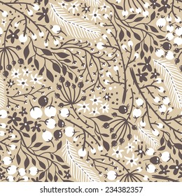vector floral seamless pattern with berries, plants and feathers
