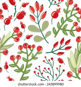 Vector floral seamless pattern with berries, branches and leaves. Bright berries and leaves on the white background. Botanical garden collection.