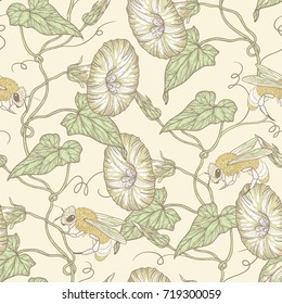 vector floral seamless pattern with bindweed and bees in a vintage style 