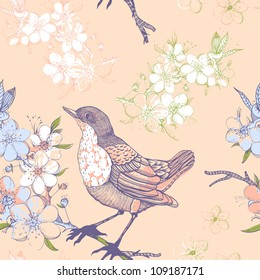 vector floral seamless pattern with birds and blooming apple tree