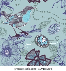 vector floral seamless pattern with birds, roses and jewelry