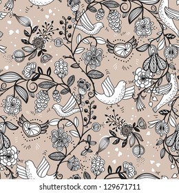 vector floral seamless pattern with birds and garlands