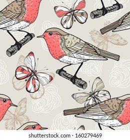 vector floral seamless pattern with birds and butterflies