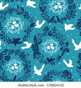 vector floral seamless pattern with birds and nests