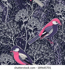 vector floral seamless pattern with birds and herbs