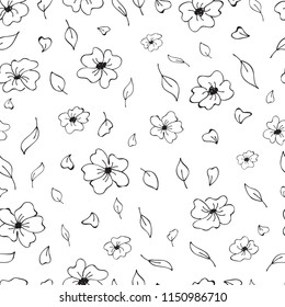 Vector floral seamless pattern with black flowers on white background