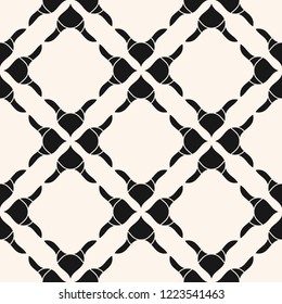 Vector floral seamless pattern. Black and white abstract geometric background with curved shapes, flower silhouettes, grid, mesh, lattice, net. Elegant monochrome ornament texture. Repeatable design