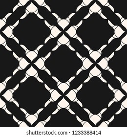 Vector floral seamless pattern. Black and white abstract geometric background with curved shapes, flower silhouettes, grid, mesh. Elegant repeat ornament texture. Monochrome design for decor, textile