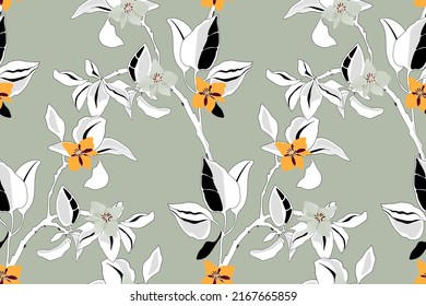 Vector floral seamless pattern. Black and white, grayscale branches with leaves, yellow and olive flowers on a light olive colored background. Floral design for decorating surfaces.