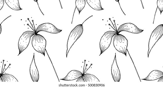 Vector floral seamless pattern. Black and white background with flowers, leaves. Hand drawn contour lines and strokes. Graphic vector illustration. Horizontal banner