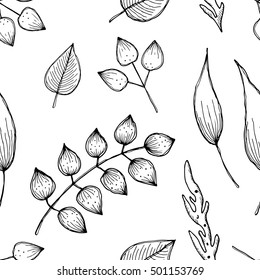Vector floral seamless pattern. Black and white background with different leaves. Hand drawn contour lines and strokes. Graphic vector illustration