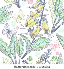 vector floral seamless pattern with blooming digitalis and butterflies