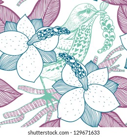 vector floral seamless pattern with blooming magnolia and forest birds