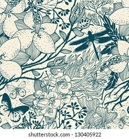 vector floral seamless pattern with blooming garden flowers