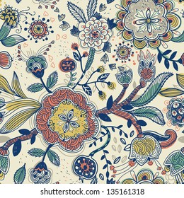 vector floral  seamless pattern with blooming flowers and fruits