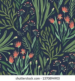 vector floral seamless pattern with blooming flowers and herbs on a dark background
