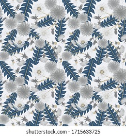 Vector floral seamless pattern with blooming dandelions, blowballs, leaves. Elegant botanical ornament in gray, blue and white color. Abstract vintage flower background. Summer style repeat design