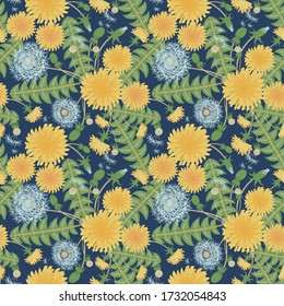 Vector floral seamless pattern with blooming dandelions, blowballs, leaves. Elegant botanical ornament. Abstract meadow flower background. Summer style. Repeat design for wallpapers, textile, fabric