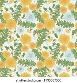 Vector floral seamless pattern with blooming dandelions, blowballs, leaves. Elegant botanical ornament. Abstract meadow flower background. Summer style. Repeat design for wallpapers, tileable print
