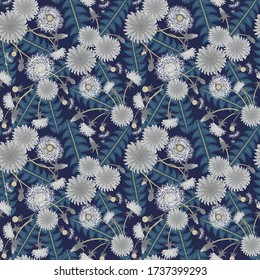 Patrón vectorial sin fisuras florales con dientes floridos, bolas de soplo, hojas. Elegante ornamento botánico de color gris, azul y negro. Resumen de fondo de flores vintage. Diseño de repetición de estilo de verano 