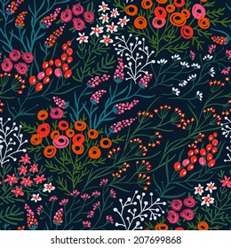 vector floral seamless pattern with blooming summer plants on a dark background