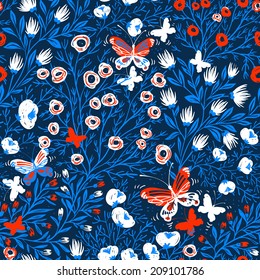 vector floral seamless pattern with blooming flowers and butterflies
