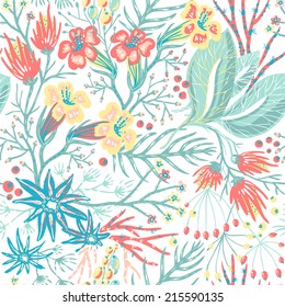 vector floral seamless pattern with blooming exotic flowers