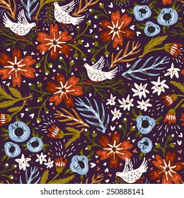 vector floral seamless pattern with blooming flowers and flying birds