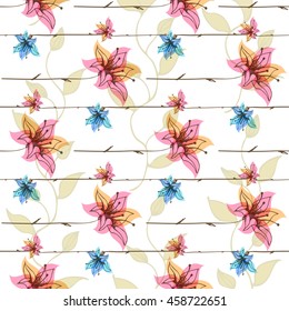 Vector floral seamless pattern with blooming flowers. Watercolor effect imitation, aquarelle paints.