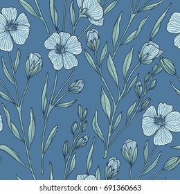 vector floral seamless pattern with blooming flax in vintage style