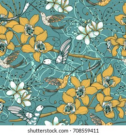 vector floral seamless pattern with blooming orchids and flying hummingbirds 