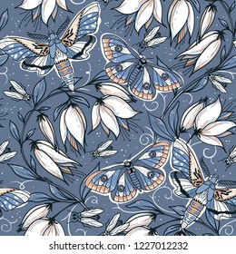 Vector floral  seamless pattern with blooms and butterflies on a grey background