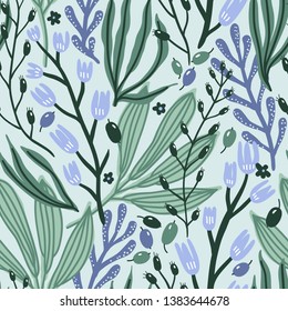 vector floral seamless pattern with blooms, leaves and berries