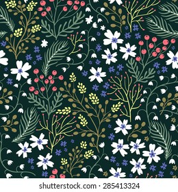 vector floral seamless pattern with blooms and herbs