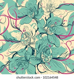 vector floral seamless pattern with blue orchids